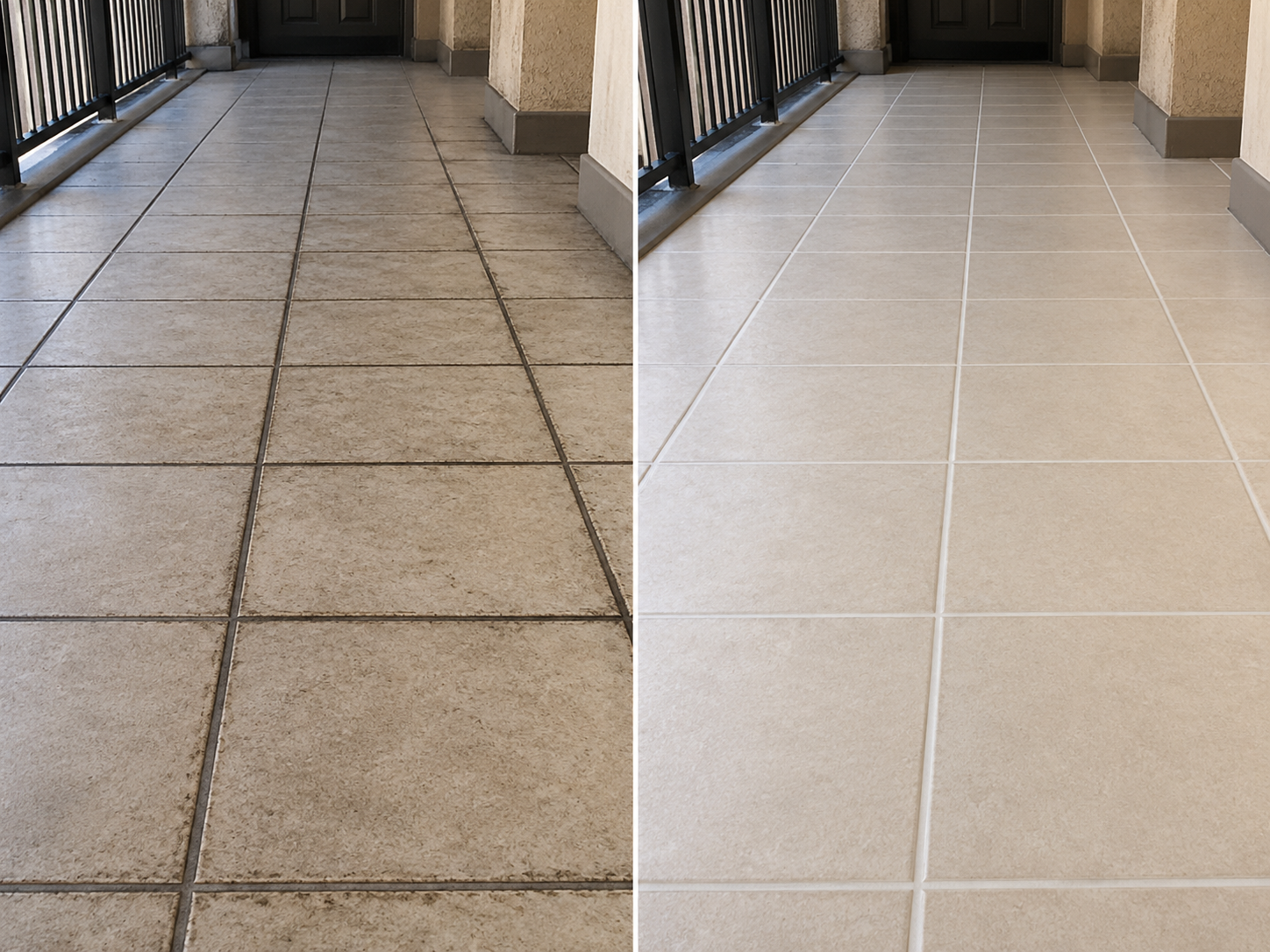 Close-up before-and-after comparison of stained, worn grout lines being deep cleaned and restored in a common-area walkway
