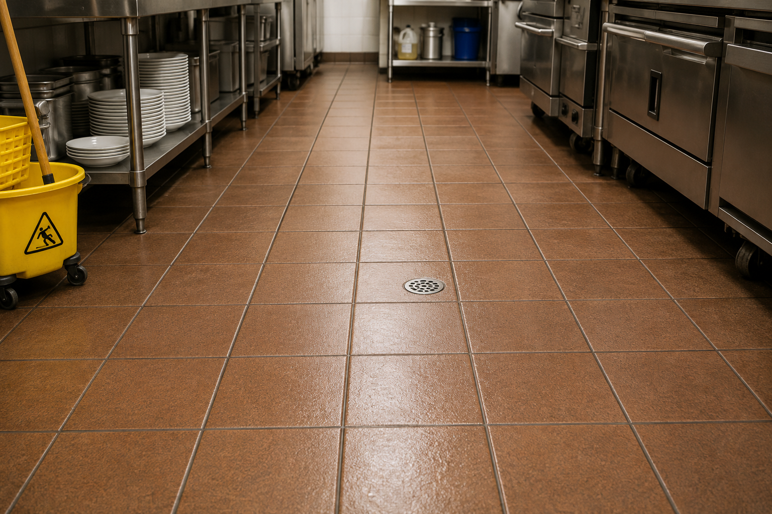 image showing a clean, sanitized commercial kitchen tile floor with visible grout lines in a San Diego restaurant