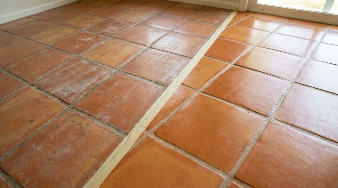 Close-up photo showing worn, faded Saltillo tile with visible traffic wear and dull sealer, contrasted with a freshly restored section