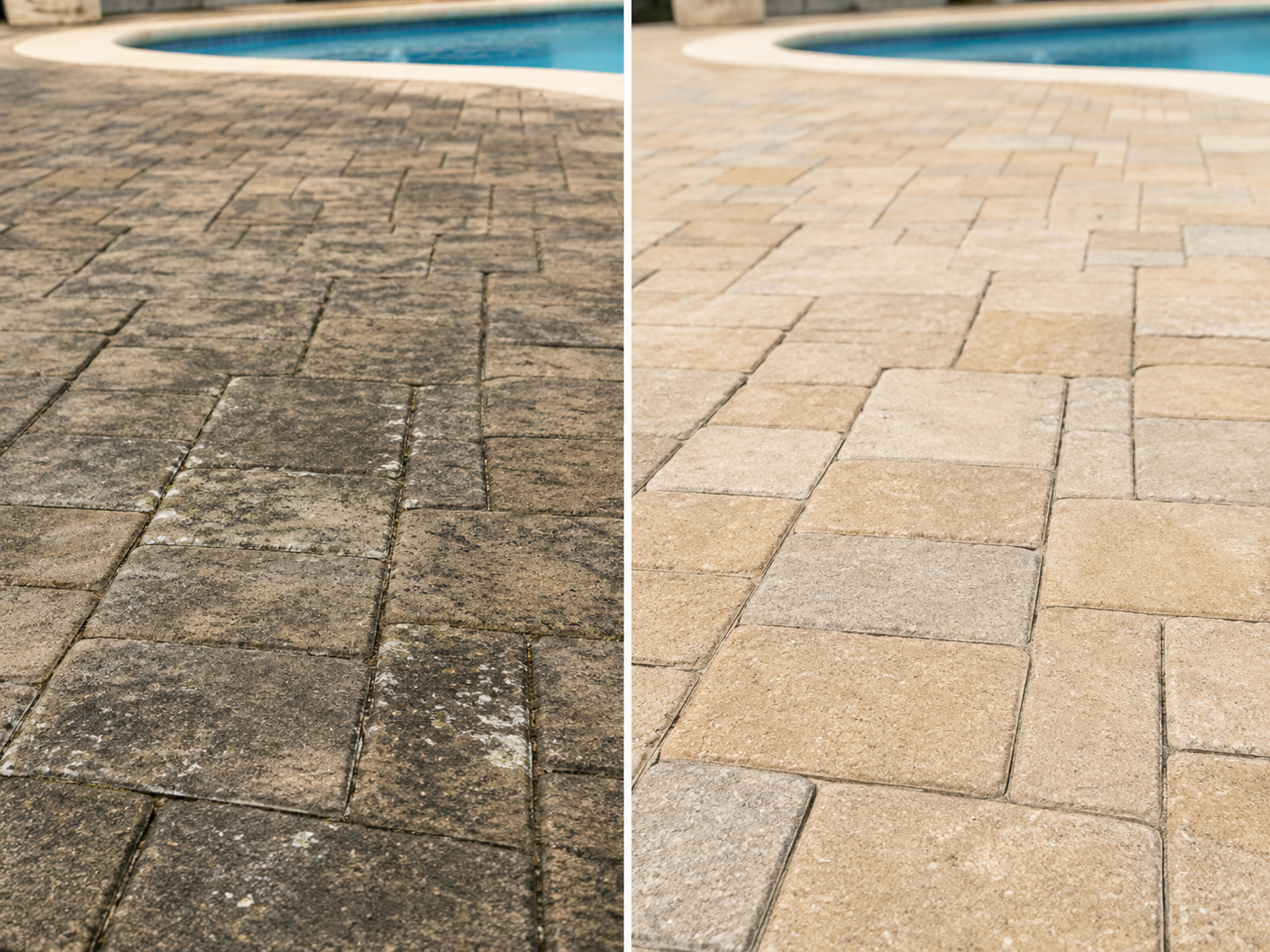 Close-up before-and-after comparison of pool deck pavers showing stain removal and restored stone color