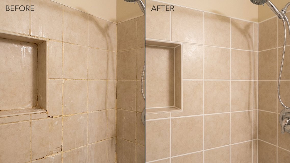 Before-and-after photo showing a shower wall with cracked, discolored grout on one side and freshly regrouted, clean grout lines on the other