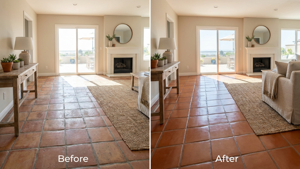 Before-and-after photo of a restored Saltillo tile floor in a Del Mar, CA home, showing rich terracotta color and even sheen after professional restoration