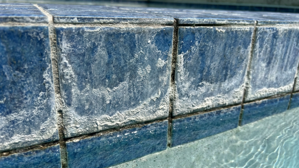 Close-up photo of calcium scale buildup on pool waterline tile before cleaning