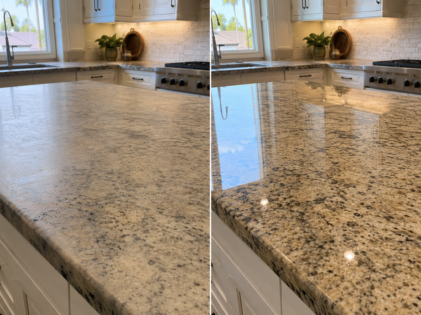 Side-by-side before-and-after photo of a dull San Diego kitchen granite countertop being professionally restored to a high-gloss finish