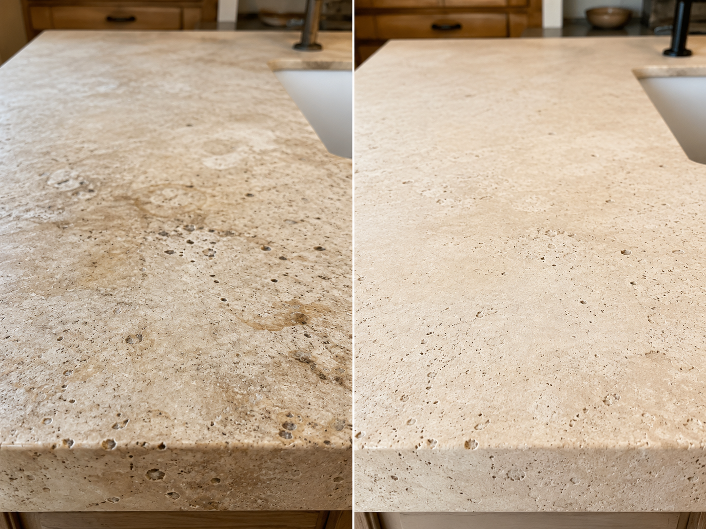 Close-up before-and-after comparison of stained travertine countertop restored to a clean, honed finish