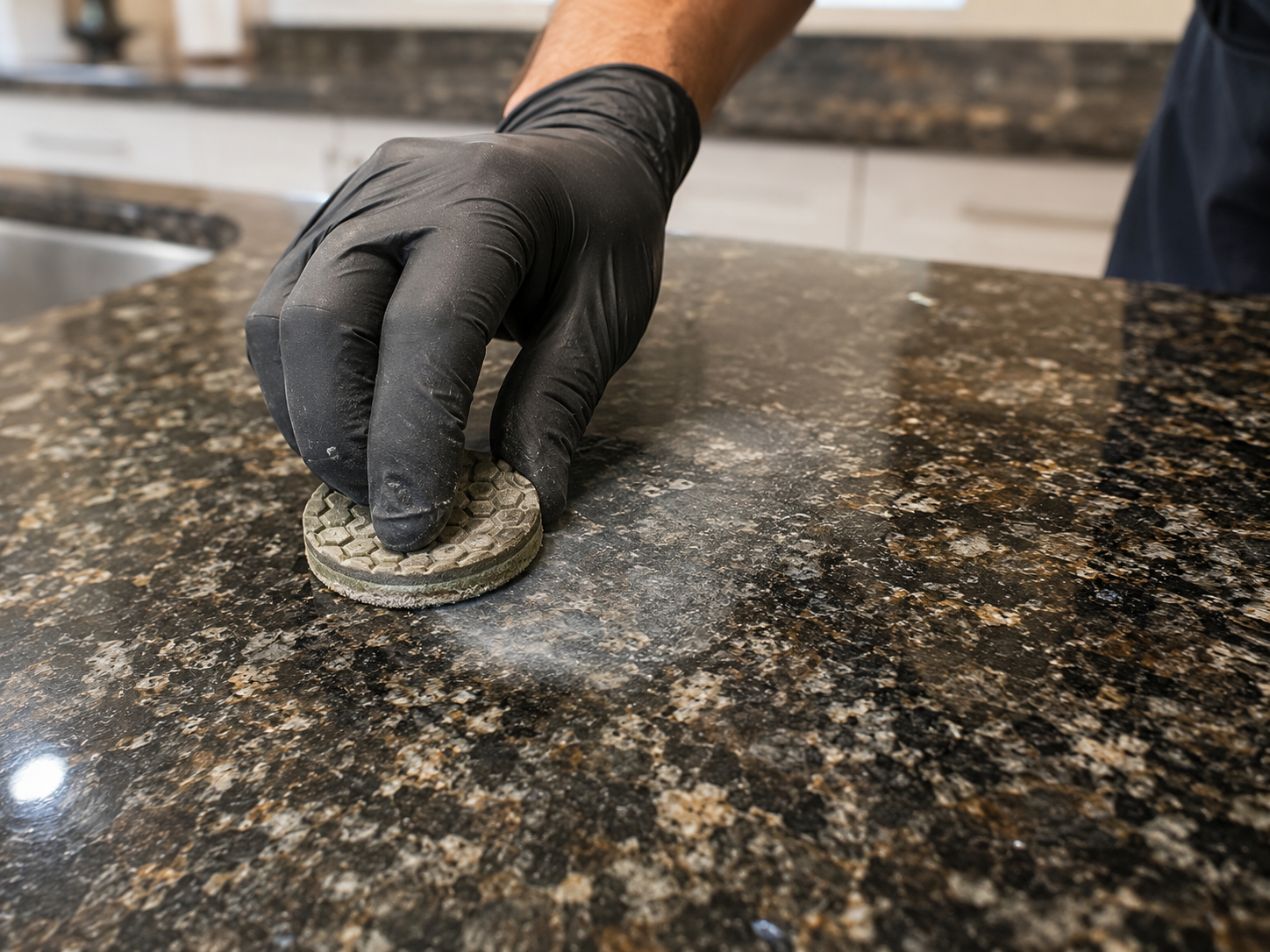 Close-up of a technician using a diamond hand pad to polish an etched section of granite countertop
