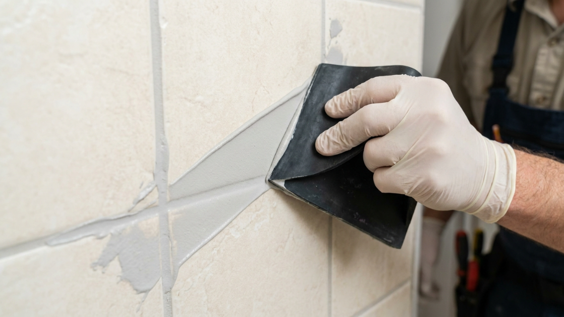 Close-up of a technician applying fresh epoxy grout between shower wall tiles with a rubber float