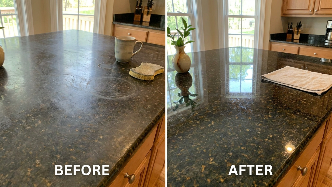 Before-and-after photo showing a dull, etched granite countertop restored to a glossy, polished finish