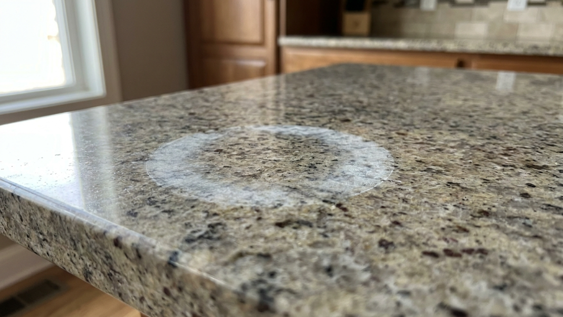 Close-up photo of an etch mark or water ring on a granite countertop before restoration