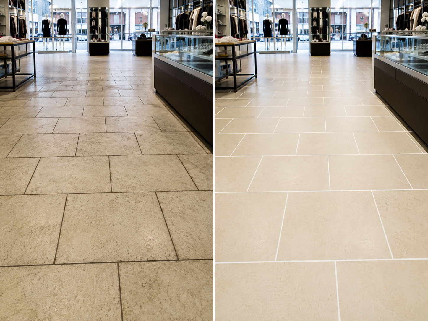 image showing before-and-after results of grout restoration in a commercial retail space