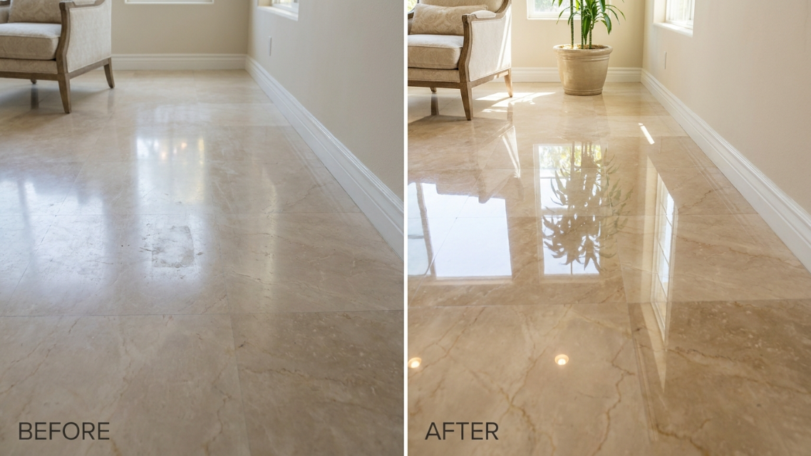 Close-up before-and-after image of a dull San Diego marble floor being professionally polished to a high-gloss shine