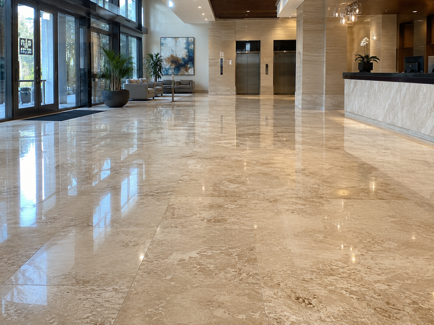 Wide shot of a polished stone lobby floor in a San Diego apartment or office building, showing a clean, reflective, move-in-ready finish