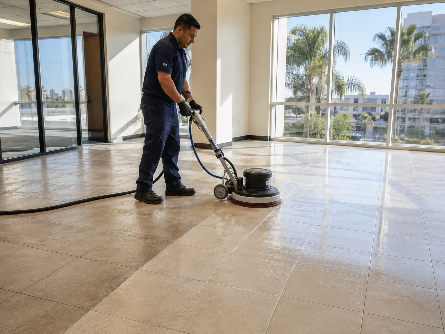 image showing a technician deep-cleaning commercial tile flooring in an empty San Diego office suite