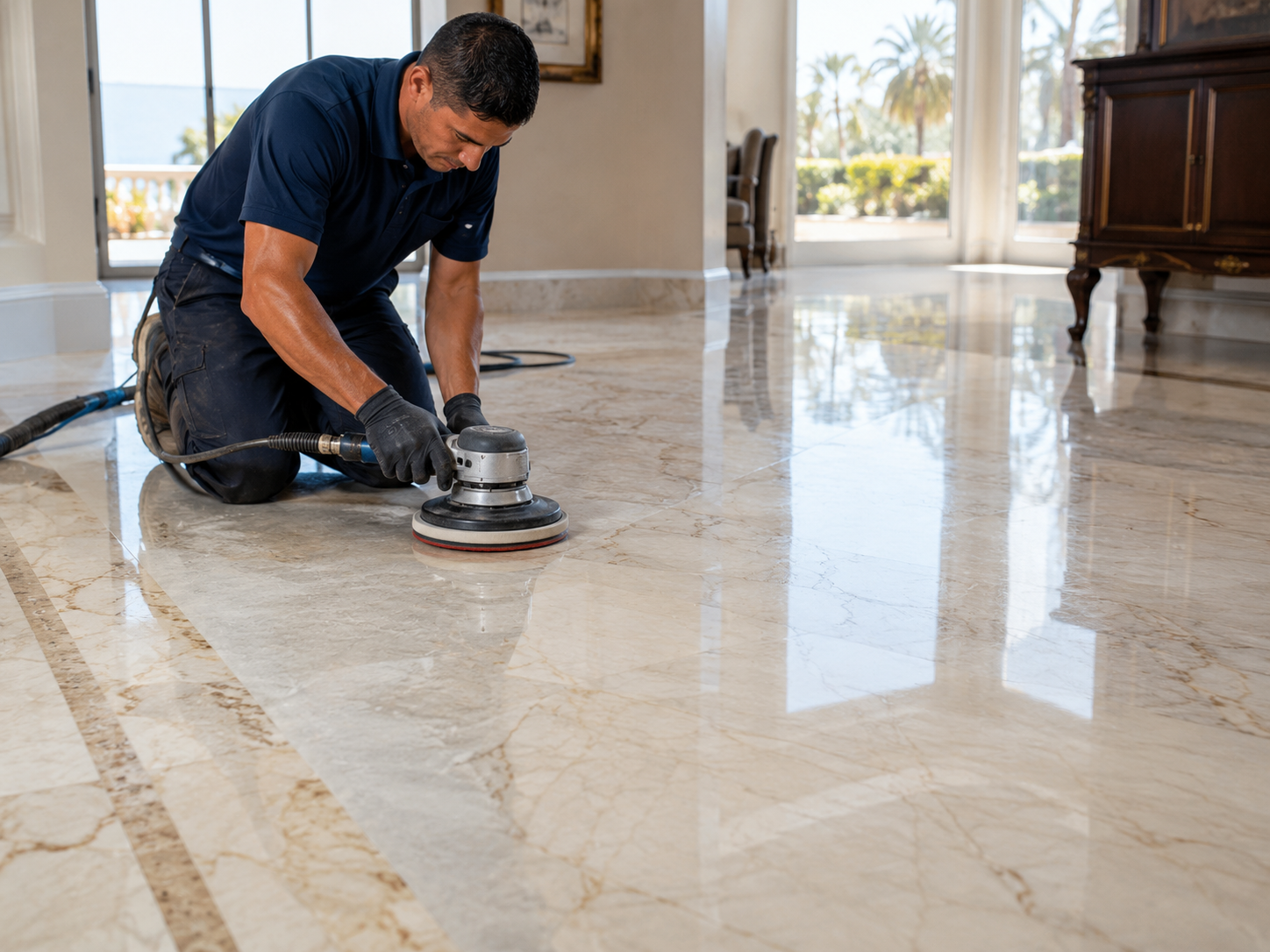 image showing a technician polishing a glossy marble floor with a diamond polishing pad