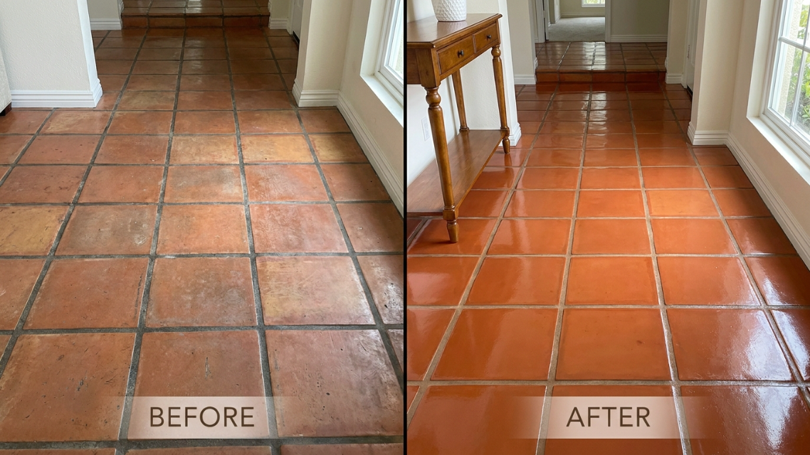 Before-and-after split image of a San Diego tile floor showing dull, grimy tile on one side and a professionally deep-cleaned, glossy tile surface on the other