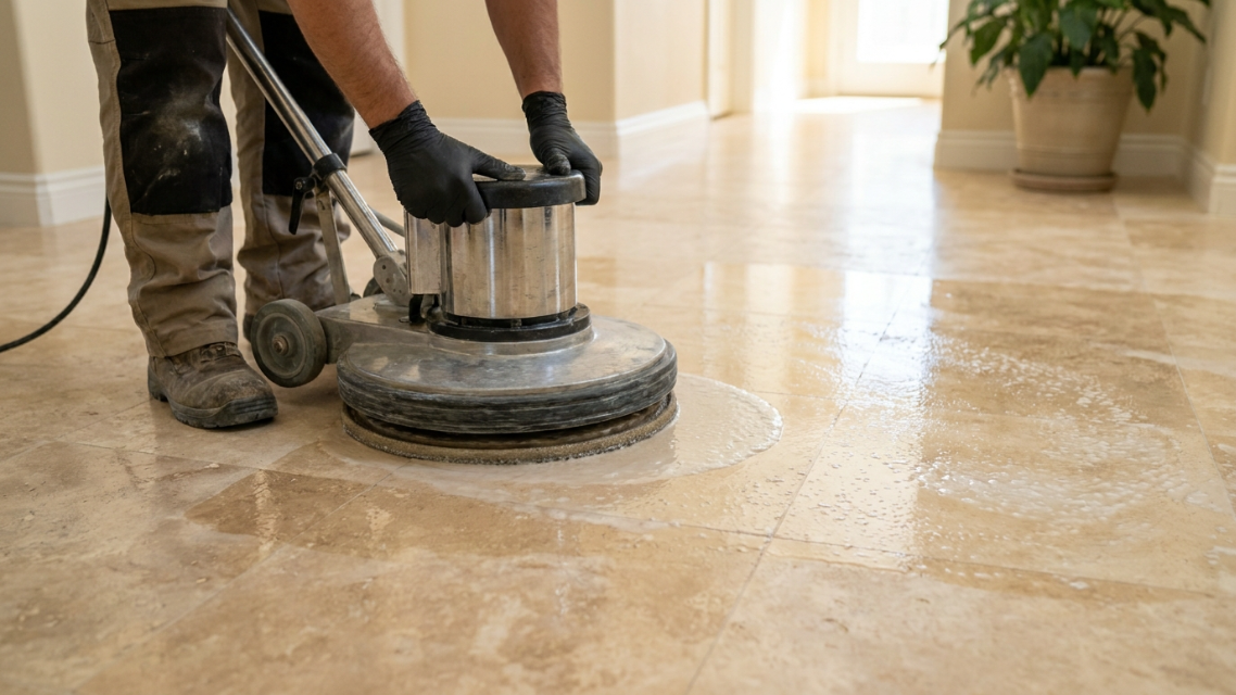 Close-up of a technician honing and polishing a travertine floor with professional equipment