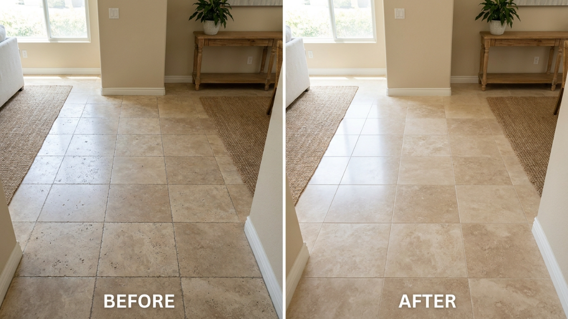 Before-and-after photo of a dull, stained travertine floor transformed into a polished, honed finish in a San Diego home