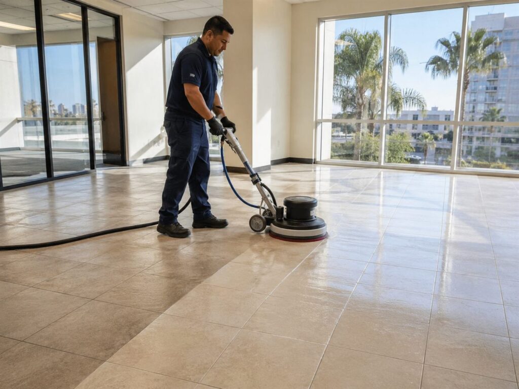 Technician running a floor machine across tile in a San Diego office suite