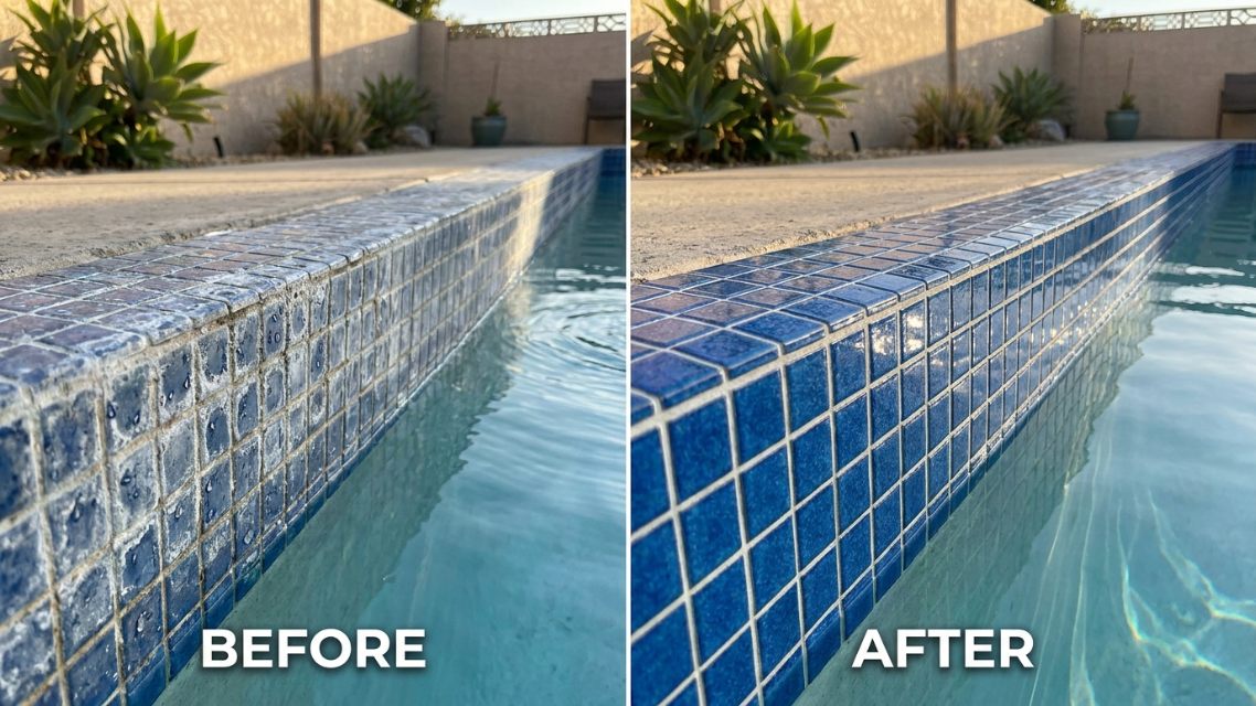 Pool waterline tile before and after professional calcium and scale removal