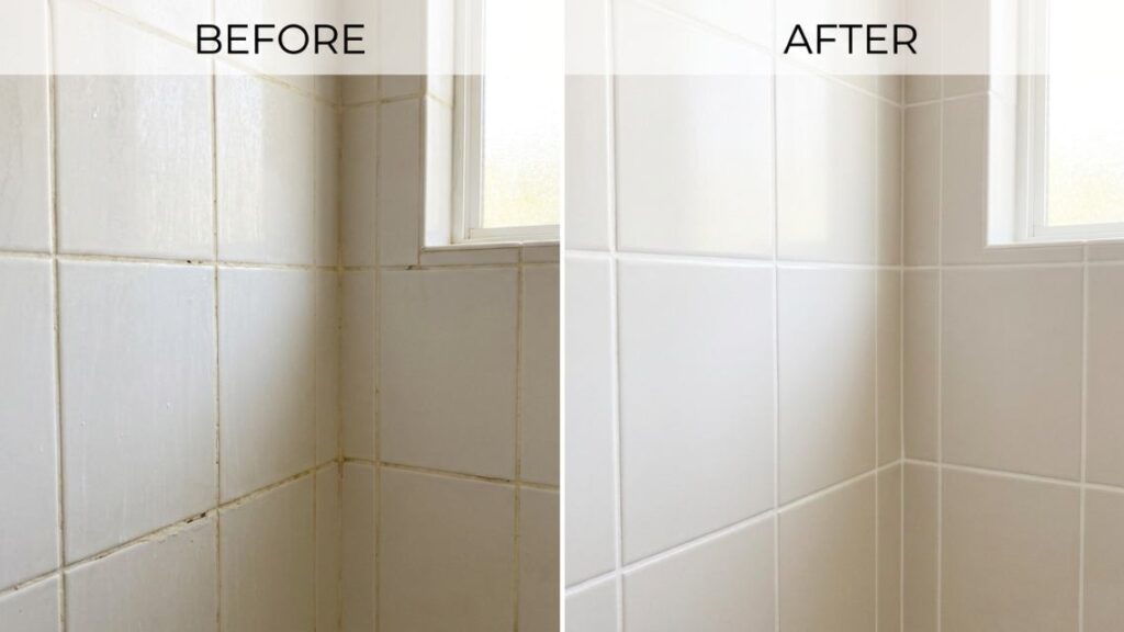 Shower wall shown with discoloured grout on one side and clean, uniform grout lines on the other