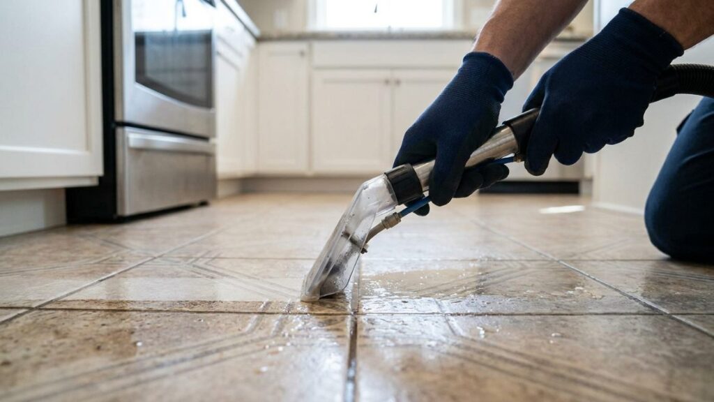 Technician using a heated rinse and vacuum extraction tool along a tile grout line