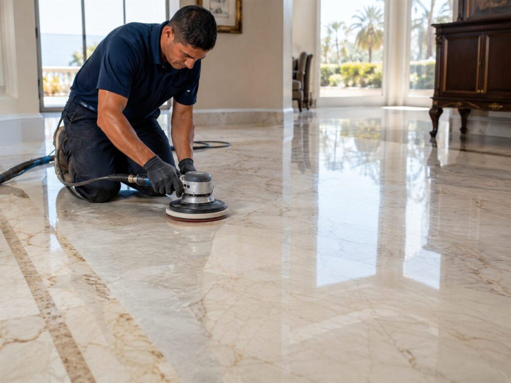 Technician polishing a marble floor with a hand-held diamond machine